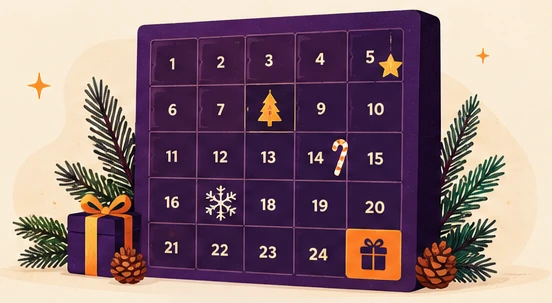 Violetter Adventskalender mit 24 Türchen, Tannenzweigen und Geschenken